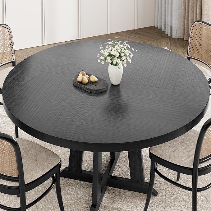 GarveeHome Round Dining Table for 4,Kitchen Dining Room Circle Dinner Pedestal Table,Space Saving Wood Kitchen & Dining Room Furniture,Black 47-inch Diameter