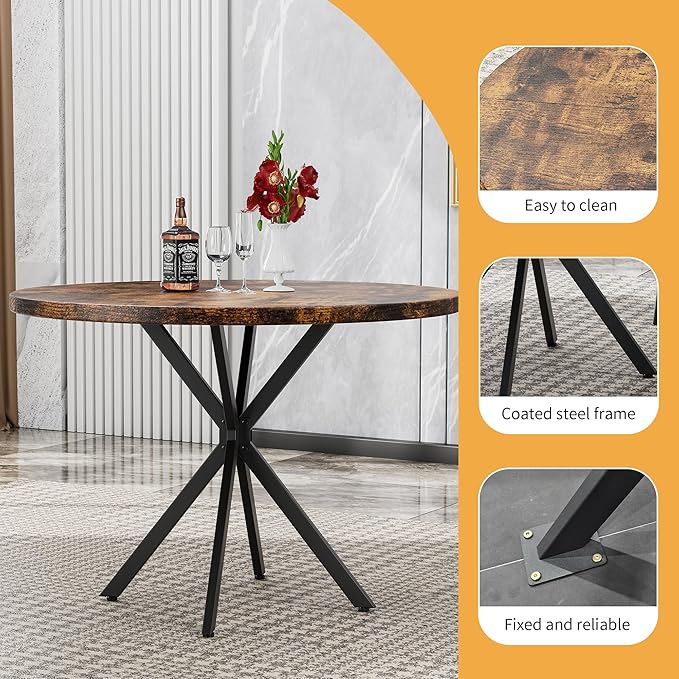 Round Dining Table: 39" Modern Brown Table with Black X Base for 4-5 People, Perfect for Small Spaces & Apartments