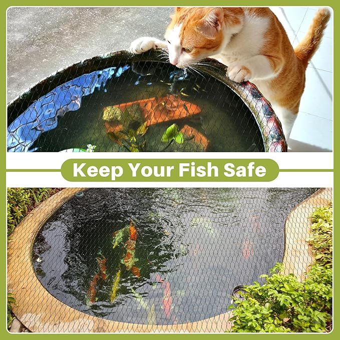 Koi Pond Netting Kit 7 x 10ft, Bird Deer Fence Netting, Durable Net Cover for Leaves, Heavy Duty Fine Mesh, Protect Fish from Blue Heron Birds, Cats & Predators, 12 Pcs Stakes & Ties Included