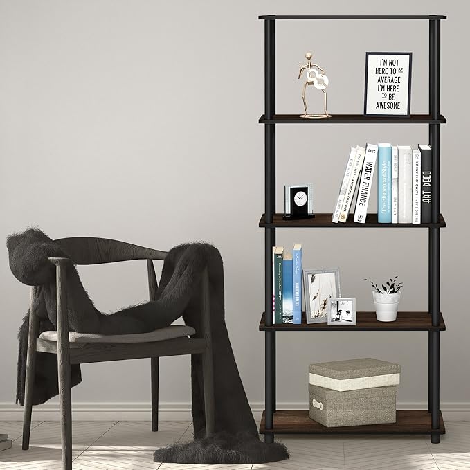 Furinno Turn-N-Tube 5-Tier Multipurpose Shelf / Display Rack / Storage Shelf / Bookshelf, Round Tubes, Columbia Walnut/Black