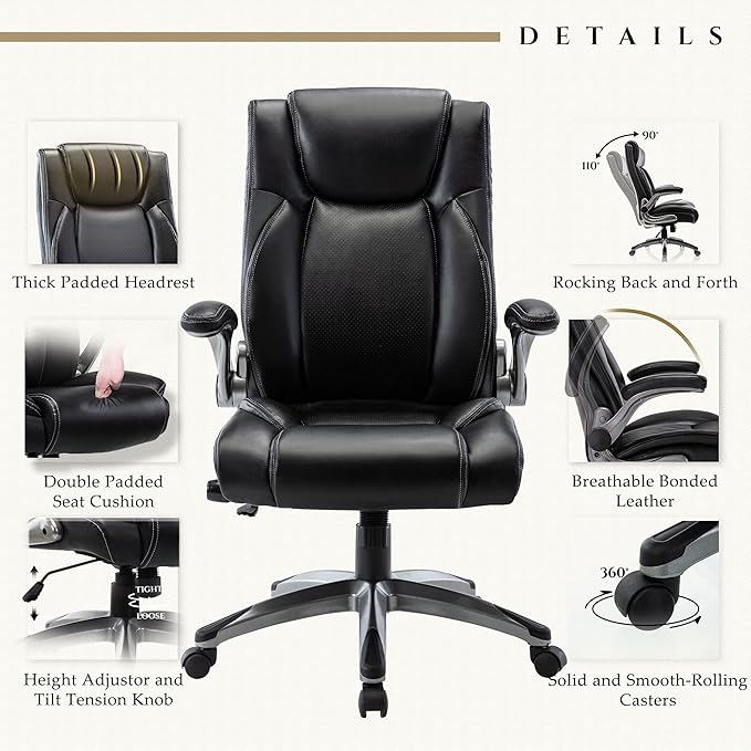 Executive Leather Office Chair, Ergonomic Office Chair with Adjustable Lumbar Support,High Back Computer Desk Chair, Flip-up Arms, Swivel Rolling Home Office Work Chair for Adults, Men, Women (Black)