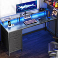 Huuger 55 Inch Computer Desk with Power Outlets and LED Lights, Gaming Desk with 4 Drawers, Office Desk with Monitor Stand, Study Work, Home Office, Gray