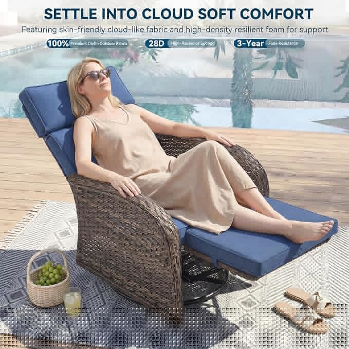 3 Pieces Zero Gravity Patio Swivel Rocking Recliner Chairs Set of 2 - Wicker Outdoor Lounge Chair with Side Table, Adjustable Backrest & Footrest, High Back Outdoor Recliner Chair for Pool Deck Blue