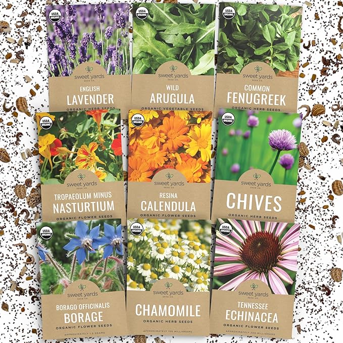 Organic Edible Flower Seeds Variety Pack - 9 Individual Packs - 2026 Season - Lavender, Chamomile, Nasturtium, Calendula and More! for Indoor & Outdoor Planting (Non-GMO, Certified Organic)