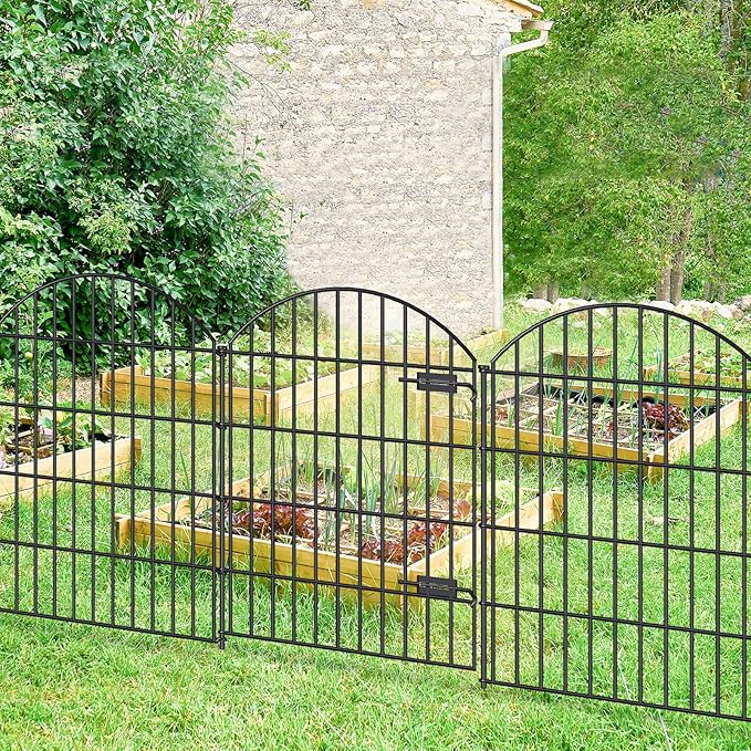 Metal Garden Fence with Gate 36in (H) x 23.3ft (L), 1 Gate+ 9 Panels Dog Fence Border Fence Animal Barrier, No Dig Garden Fencing for Yard Flower Bed Lawn Patio Outdoor, ECG3610, Black