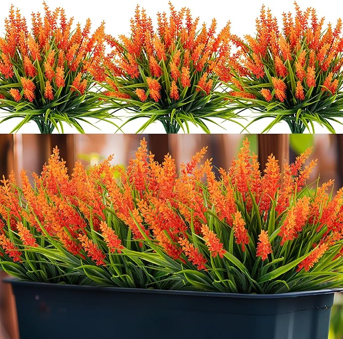 Artificial Flowers for Outdoor Plants 24 Bundles Fake Lavender Plastic Faux Monkey Grass for Verandah Window Garden Office Patio Front Porch UV Resistant for Planter(Orange)