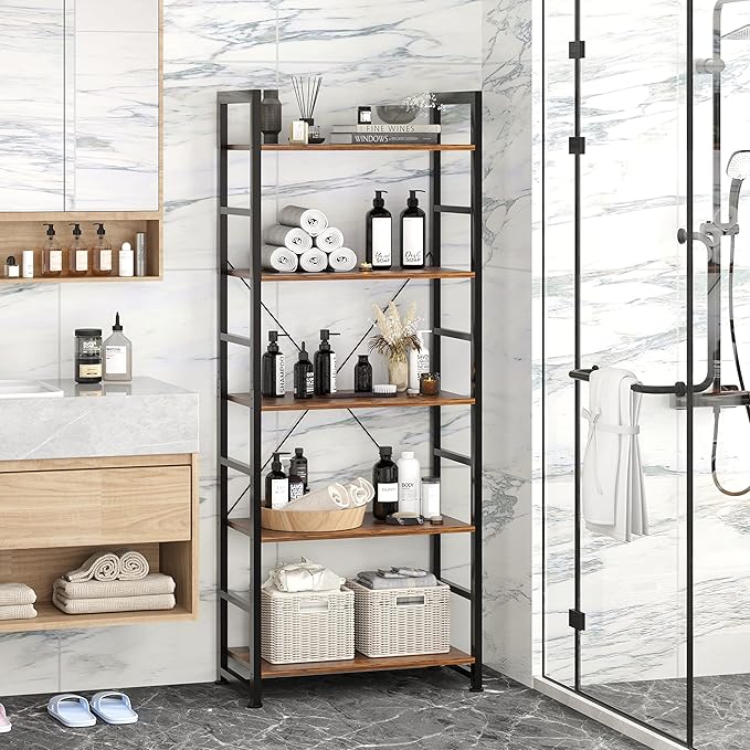VERMESS 5 Tier Bookshelf, Tall Book Shelf, Vintage Industrial Bookcase with Open Display Shelves, Wood Storage Shelving Unit Metal Frame Standing Bookshelves for Bedroom/Home/Office, Rustic Brown