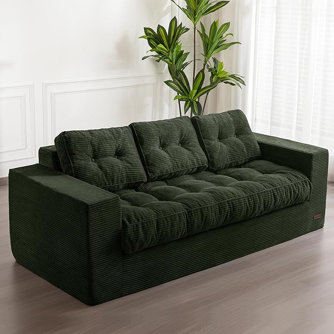 MAXYOYO 3 Seater Couch for Living Room, Boneless Couch with Tufted Cushion & Backrest, Upholstered Floor Sofa with Armrests, Sofa in A Box, No Assembly Required, Green