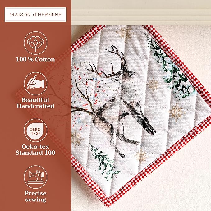 Maison d' Hermine Pot Holders Set 100% Cotton Heat Resistant Potholders 8" x 8" Hot Pads with Loop for Thanksgiving Christmas Decorations BBQ Baking Handling Hot Pans (Pack of 2, Rural Christmas)