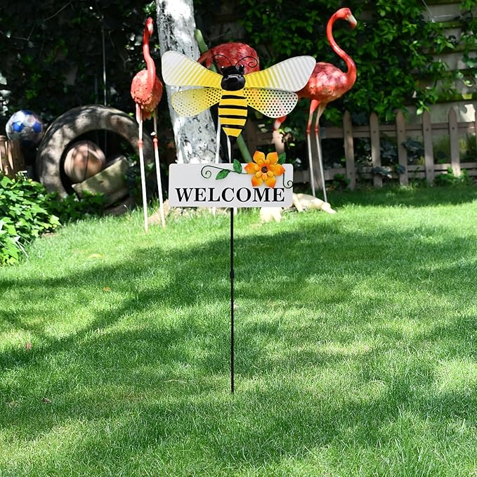 Veclotch 30"" H Metal Bee Garden Stake,Rustic Bee Decorative Yard Stakes Metal Yard Art Ornaments Welcome Sign Outdoor Spring Garden Decor for Patio Lawn Porch Pathway Decor