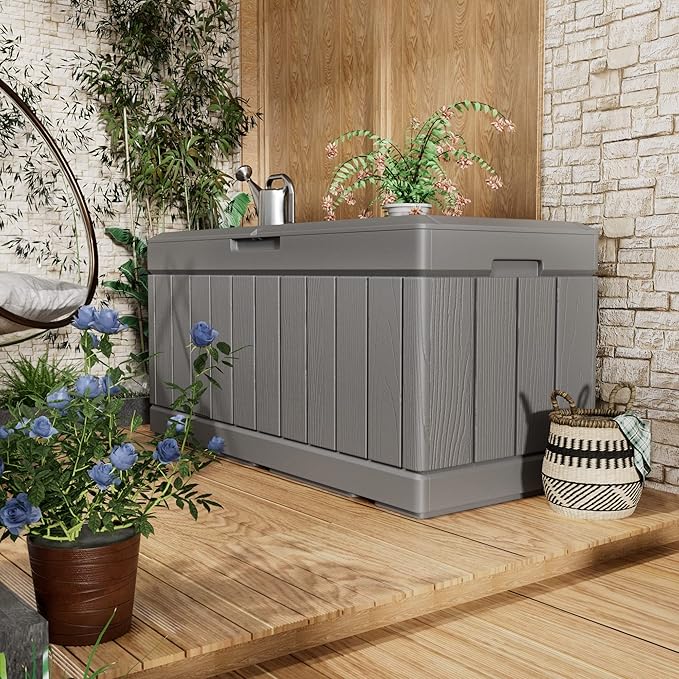 Greesum 82 Gallon Resin Deck Box All Weather Large Outdoor Storage for Patio Furniture, Toys, Garden Tools, Lockable, Dark Gray