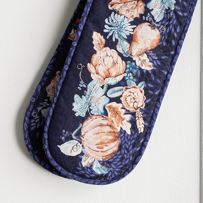 Maison d' Hermine Double Oven Mitt (7" x 35") 100% Cotton Heat Resistant BBQ Cooking Gloves with Loop for Thanksgiving Christmas Decorations Baking Cooking Barbeque Handling Hot Pan (Pumpkin Blues)