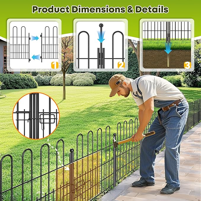 10 Panels Garden Fence with Latch Gate, 24.01in (H) X 20ft(L) Animal Barrier Fence with 1in Gaps for Rabits, Dog Fencing Outdoor for Yard, Flower Beds, Patios, Vegetable Patches