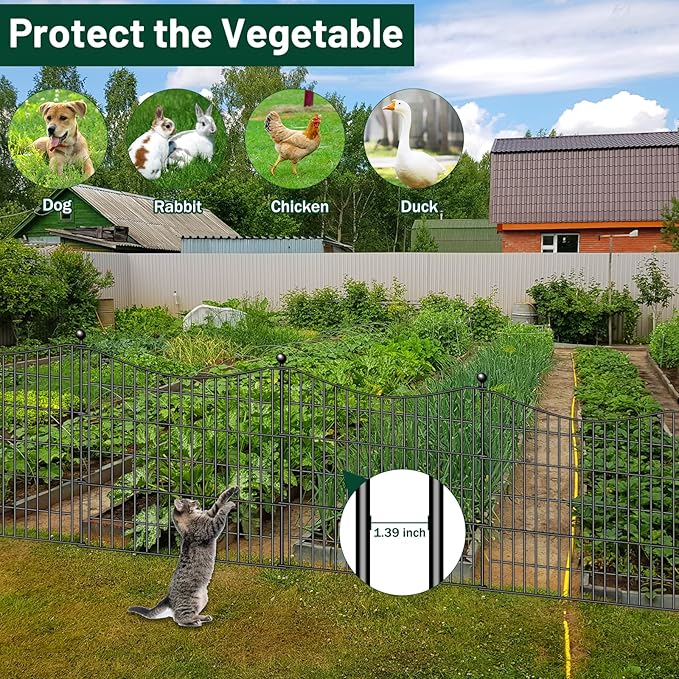 10 Panels No Dig Dog Fence Outdoor for Yard, 24 in(H) X 20 ft(L) Decorative Tall Garden Fence Animal Barrier, Rustproof Metal Wire Garden Edging and Borders, Temporary Fencing Stakes