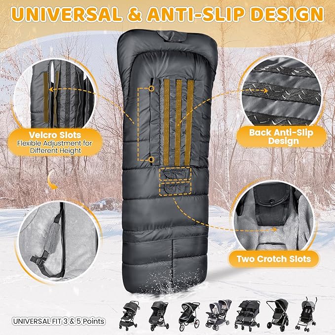 Orzbow Universal Stroller Bunting Bag with Extra Footmuff for Toddler, Kids, Warm Waterproof Stroller Blanket, Winter Cover, Baby Bunting Bag - Protect Babies from Cold Winds, Dark Grey