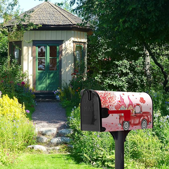 Valentine’s Day Mailbox Cover 18x21 Inch Magnetic Pink Gnomes in Red Truck with Heart Balloons and Love Tree Romantic Mailbox Wrap for Outdoor Yard Decor Waterproof Durable Mailbox Covers