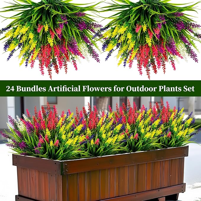 Artificial Flowers for Outdoor Plants 24 Bundles Fake Lavender Plastic Faux Monkey Grass for Verandah Window Garden Office Patio Front Porch UV Resistant for Planter(6 Color)