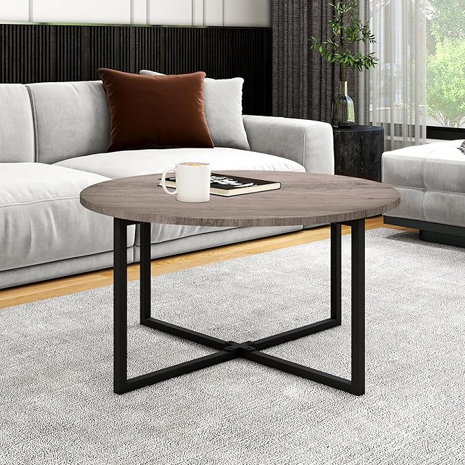 HOMERECOMMEND Round Coffee Table Nesting Tables for Living Room Tea Desk with Black Metal Legs Tea Table Balcony End Sofa Table Study,Black+Grey