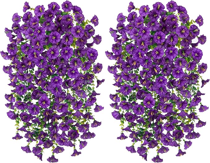 Artificial Faux Hanging Flowers Plants for Outdoor Decor,2 PCS Fake Silk Morning Glory with Eucalyptus UV Resistant Realistic Trailing Vine for Wall Home Porch Patio Balcony Yard Indoor Decor, Purple