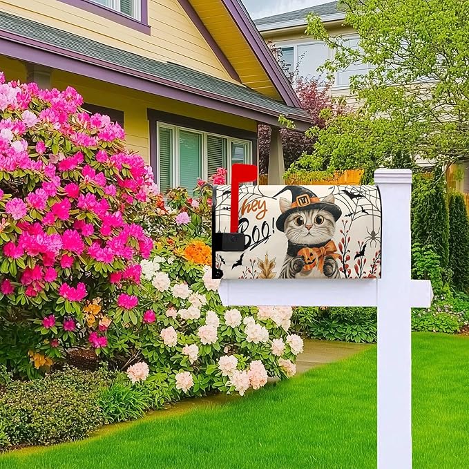 Hey Boo Cat Mail Box Covers Halloween Mailbox Cover Spider Web Pumpkin Mailbox Wraps Magnetic Standard Size 21x18 inch Decorative Mailboxes for Outside Farmhouse Garden Decor