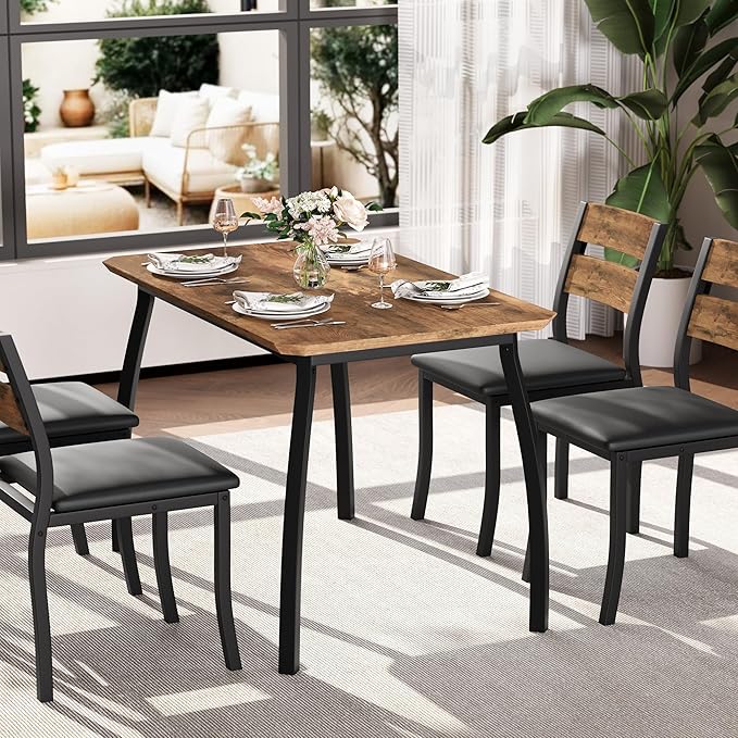 GAOMON 5 Piece Dining Table Set for 4, Space-Saving Kitchen Table with Upholstered Chairs, Modern Angled Corner Design, Compact Dinner Set for Small Spaces, Apartment, Dining Room, Retro Brown