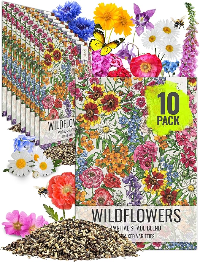 Seed Needs Partial Shade Wildflower Seed Mix for Planting | 10 Packs (1 Ounce Each) 14+ Varieties Open Pollinated Annual & Perennial Species | Flower Seeds Shade Tolerant | Bulk