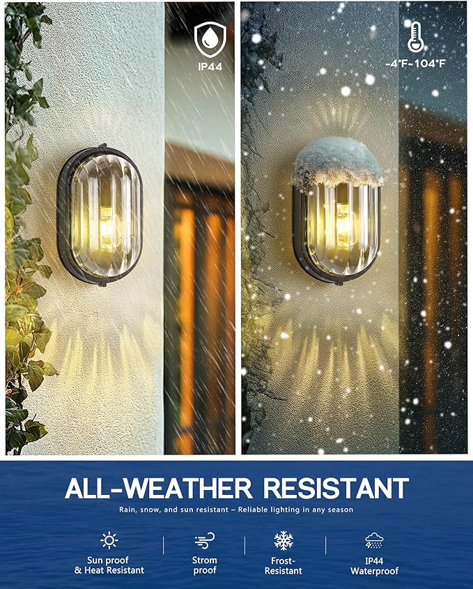 FEMILA 11" Oval Bulkhead Exterior Wall Sconce, 2 Pack Wall Light & Ceiling Flush Mount, Aluminum, Ripple Glass, Front Porch Light for Patio/Garage/Entry, 4FYX104FL-2 BK SW