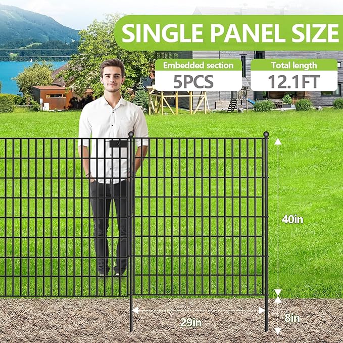 5 Panels No Dig Garden Fence with Gate, 40 in(H) X 12.1 ft(L) Metal Fence Panels, Thickened Rustproof Garden Fencing, Animal Barrier for for Dogs, Rabbits, Landscape, Patio