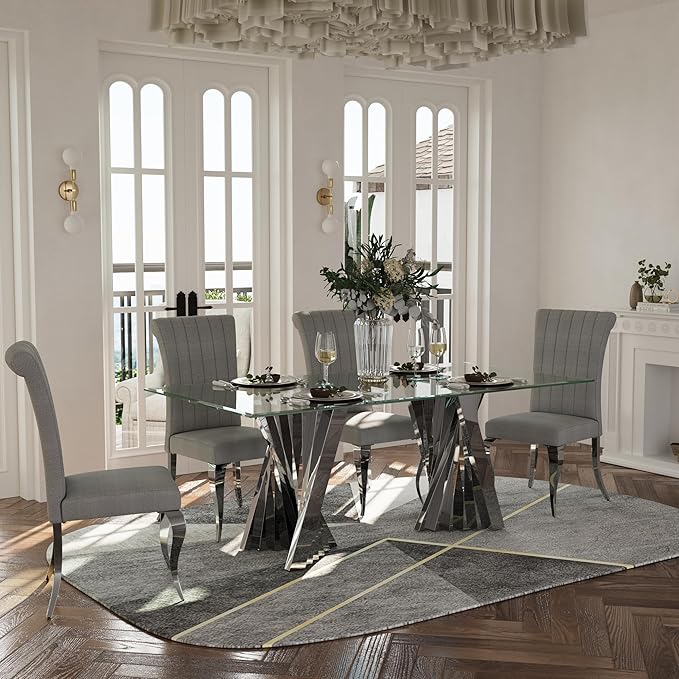 78" Silver Dining Table for 6-8, Modern Kitchen and Dining Table with Tempered Glass Top and Silver Mirrored Stainless Steel Base, Luxury Rectangular Dinner Room Table for Kitchen, Dining Room
