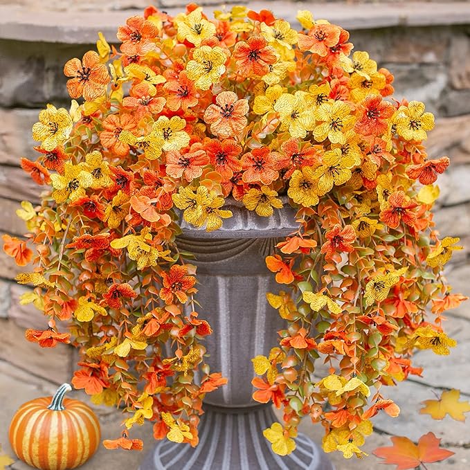 INSPRING Artificial Fall Flowers for Outdoors Decoration, 2Pcs Fake Fall Light Orange & Yellow Hanging Flowers, Faux Autumn Decor for Porch Patio Balcony Planter, Realistic Arrangement
