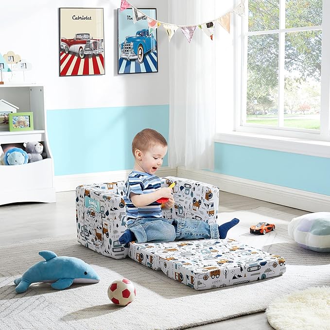 Ulax furniture Kids Sofa Couch, Children Flip-Out Chair 2-in-1 Toddler Chairs Convertible Sofa to Lounger, Children Furniture for Playroom