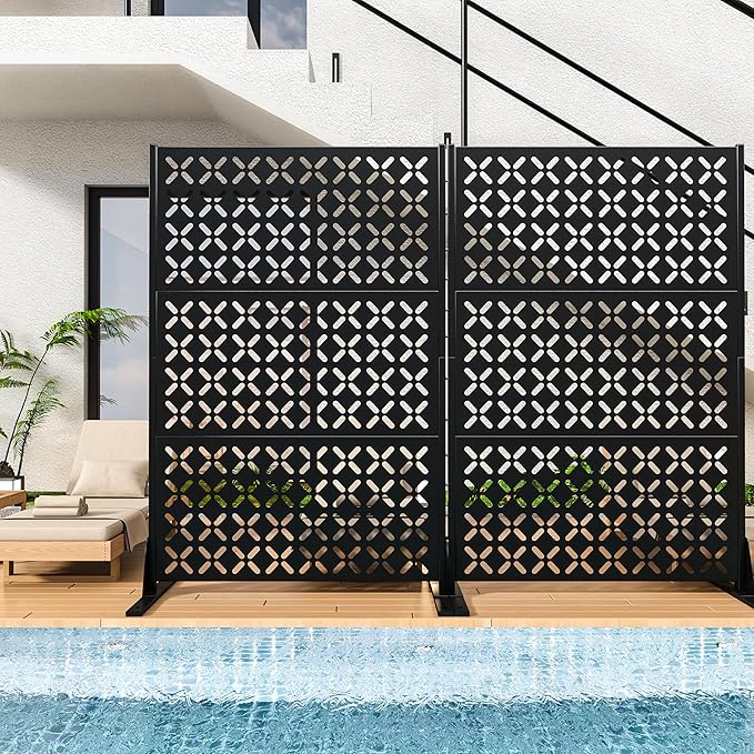 Metal Privacy Screen Outdoor, 72" H Freestanding Privacy Fence with Sturdy Stands, Decorative Privacy Panels Shield for Courtyard, Balcony, Garden and Other Indoor Places(X-Shaped-Fence)