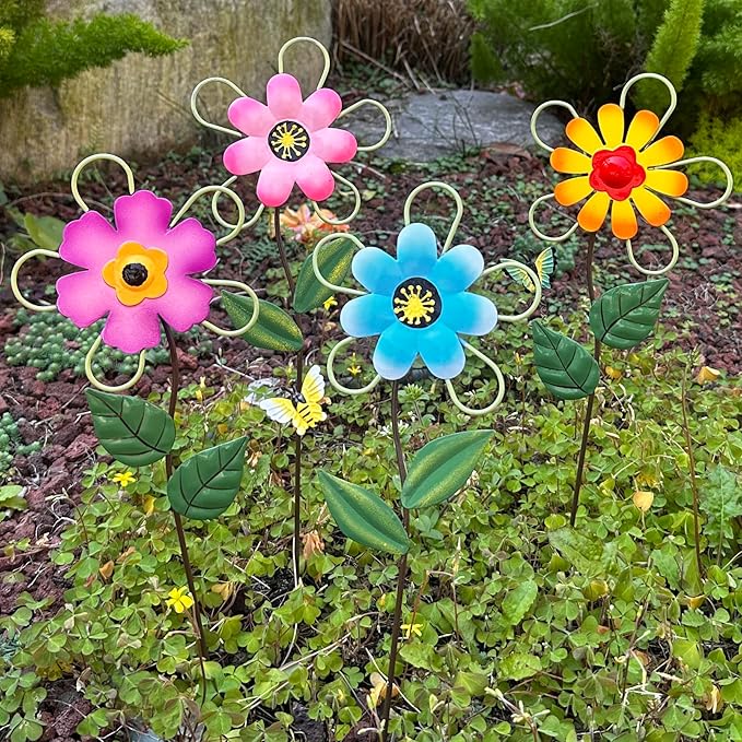 Metal Flowers for Outside, 15.85" 4-Pack Decorative Garden Stakes for Spring Garden Decor, Shaking Head Yard Art Decorations for Patio Porch Lawn Ornaments