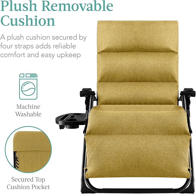Best Choice Products Oversized Zero Gravity Chair, Folding Outdoor Patio Recliner, XL Anti Gravity Lounger w/Removable Cushion, Cup Holder, Side Tray, 350lb Capacity - Sunflower Yellow