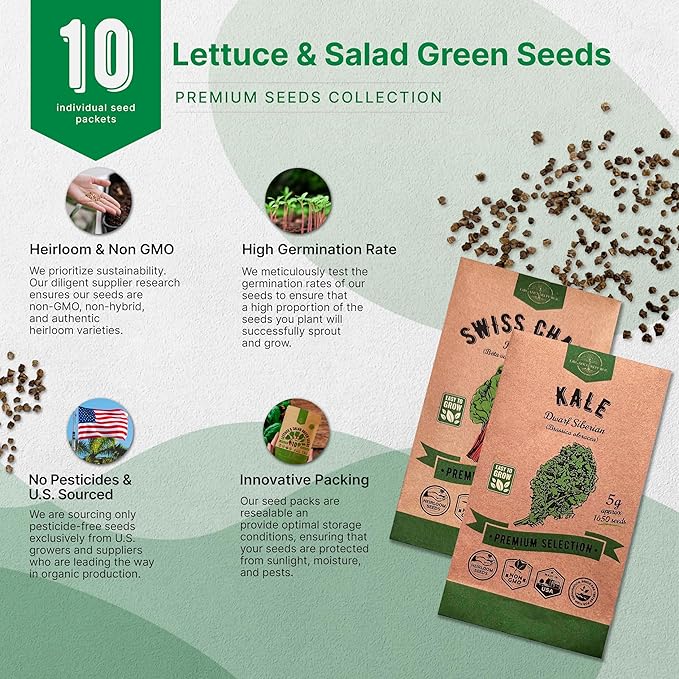 Organo Republic 10 Lettuce & Salad Greens Seeds Variety Pack 13000+ Non-GMO Heirloom Lettuce Seeds for Planting Indoors & Outdoors Garden, Hydroponics - Arugula, Radicchio, Kale, Spinach, Swiss Chard