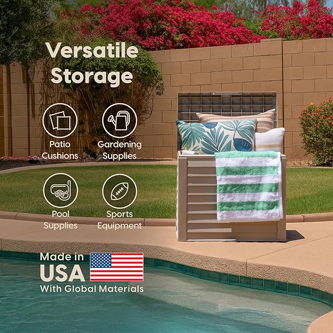 IRIS USA 35-Gallon Outdoor Deck Delivery Storage Box, Lockable & UV-Protected, Weather-Resistant Patio Storage for Cushions, Garden Tools & Packages, Waterproof Resin, Durable & Stylish Design - Beige