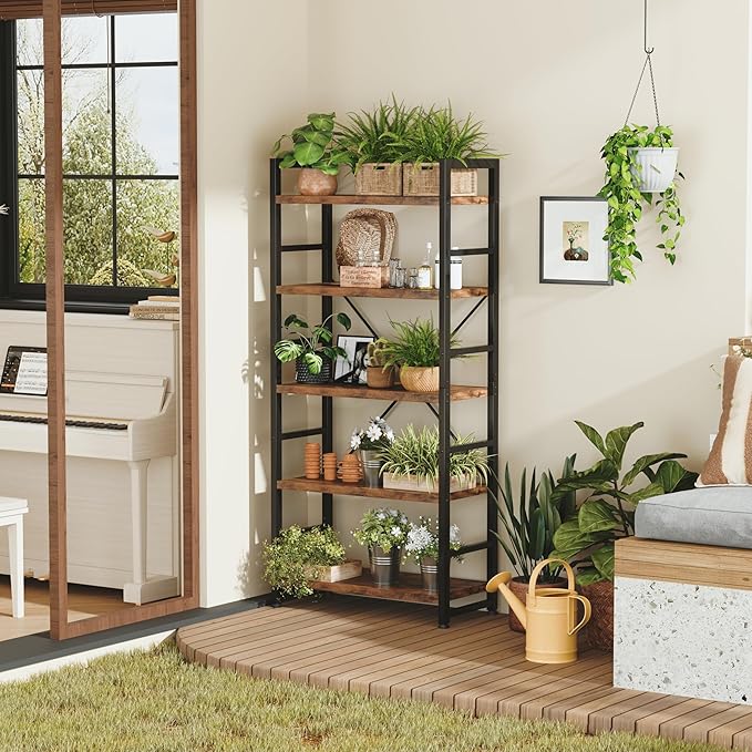 VERMESS 5 Tier Bookshelf, Tall Book Shelf, Vintage Industrial Bookcase with Open Display Shelves, Wood Storage Shelving Unit Metal Frame Standing Bookshelves for Bedroom/Home/Office, Rustic Brown