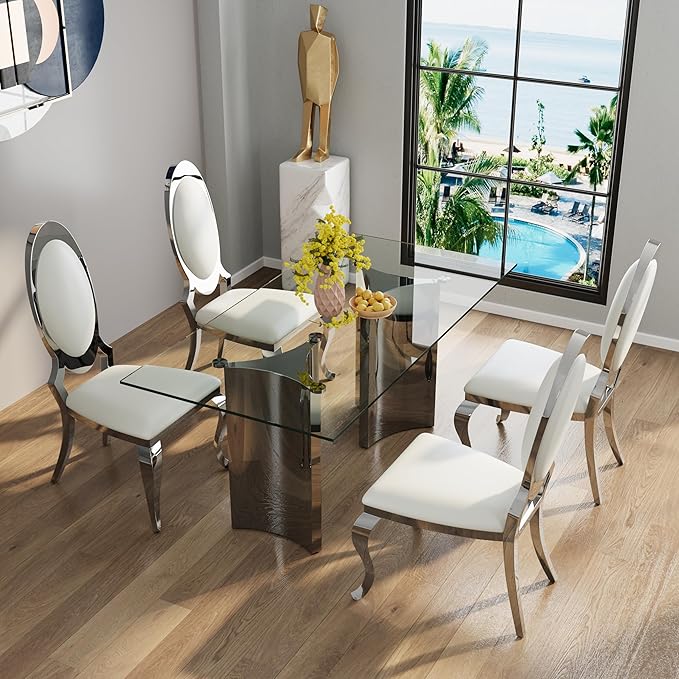 Asday Glass Dining Table, 70 inch Rectangular Dining Room Table, Double Pedestal Dining Table with Clear Tempered Glass Top and Mirrored Silver Trestle Base