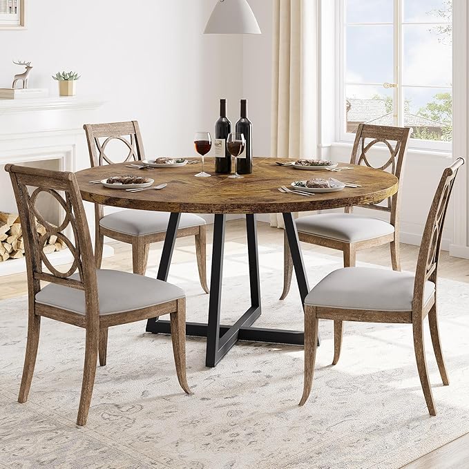 GAOMON Industrial Round Dining Table, 47 Inch Round Kitchen Table for 4, Dinner Table with Wooden Top and Metal Base for Dining Room, Living Room (New Rustic Brown, 47.2 in No Storage)