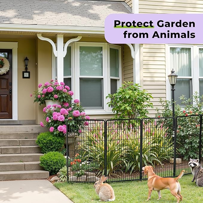 SunsGrove Garden Fence 32 in(H) x 4.5 ft(L) 2 Panels, Heavy Duty Metal Animal Barrier Fence for Dogs, Easy No-Dig Setup, Decorative Dog Fences, Black