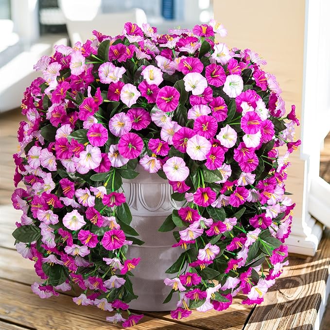 Artificial Fake Fall Hanging Mums Flowers Plants for Outdoor Outside, 2 PCS Faux Silk Morning Glory Trailing Vines Look Real UV Resistant for Porch Planter Patio Decor (Light Fuchsia and Fuchsia)