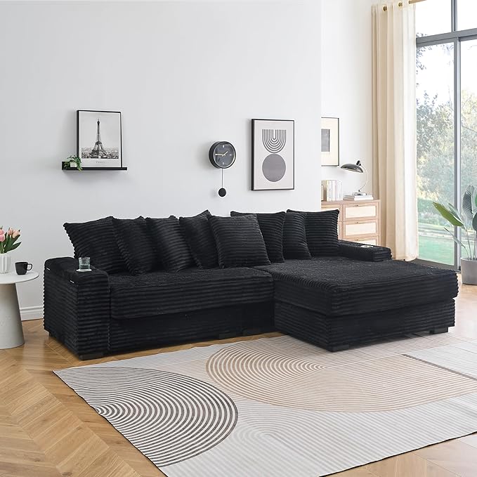 KEIKI 114" Corduroy Sofa with Cup Holders & Storage, L Shaped Sleeper Cloud Couch Set w/Reversible Chaise Lounge, Living Room Oversized Upholstered SofaBed for Apartment, Easy Assembly, Black