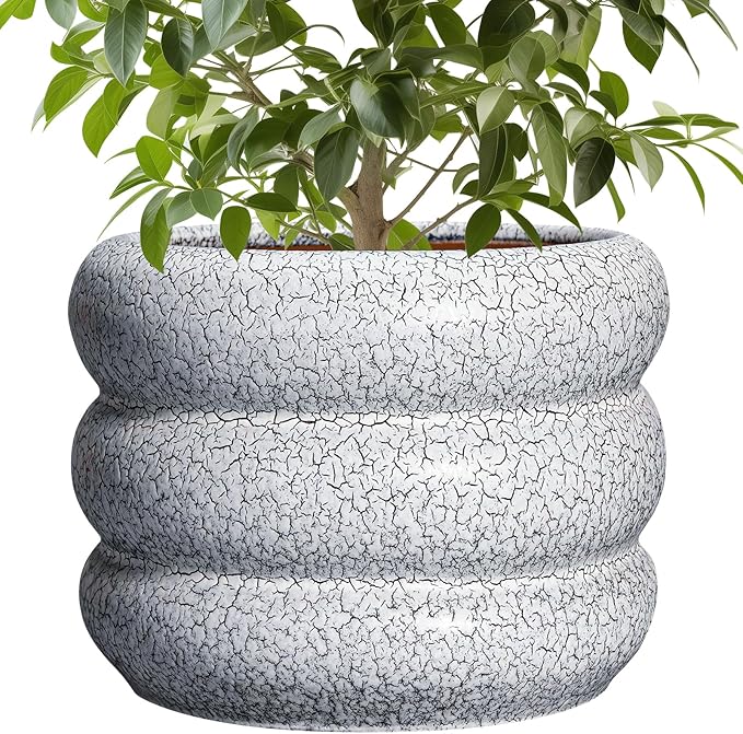 SQOWL Ceramic Planter - 10 Inch Ceramic Plant Pot Indoor, Round Planter with Drainage Hole, Modern Flower Pots Outdoor, Home Living Room Garden Decor, Gardening Gifts, Black and White