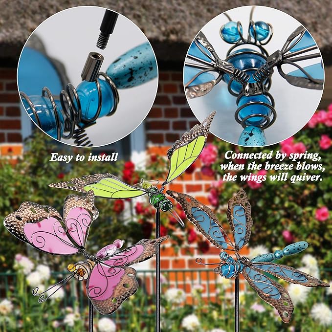 Juegoal 34 Inch Butterfly Garden Stakes Decor, Dragonfly Hummingbird Stakes, Glow in Dark Metal Yard Art for Mom, Mothers Day Ideal Gifts, Indoor Outdoor Lawn Pathway Patio Ornaments, Set of 3