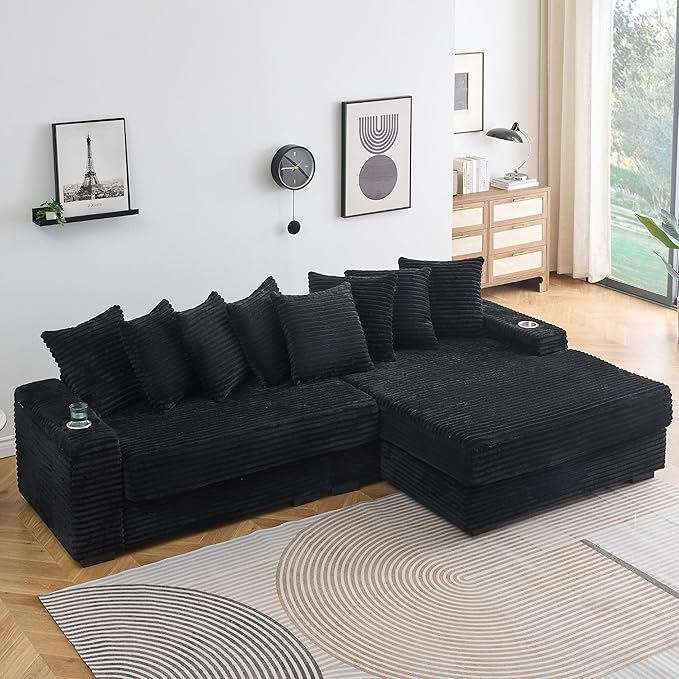 KEIKI 114" Corduroy Sofa with Cup Holders & Storage, L Shaped Sleeper Cloud Couch Set w/Reversible Chaise Lounge, Living Room Oversized Upholstered SofaBed for Apartment, Easy Assembly, Black