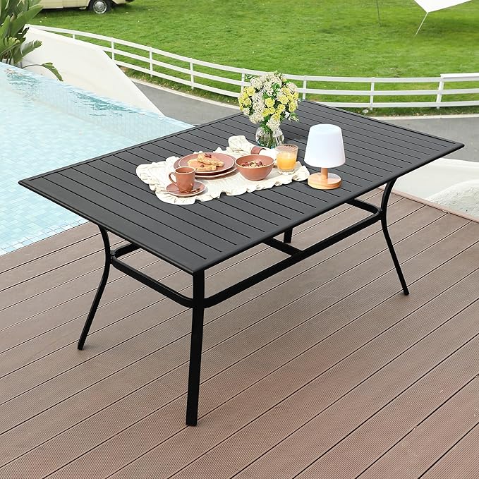 LVUYOYO Outdoor Patio Dining Table, Metal Rectangular Table with Umbrella Hole, All-Weather Furniture for Backyard, Garden,Balcony,Porch (Black)