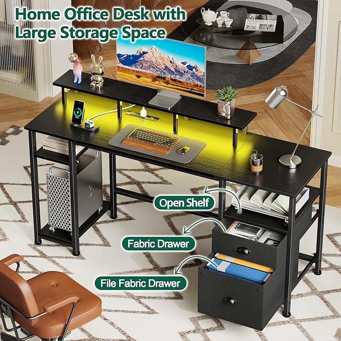 Furologee 61" Gaming Desk with Power Outlets & LED Lights, Reversible Computer Desk with File Cabinet & Monitor Stand for Home Office, Large Work Table with Storage Shelves & Drawer, Black
