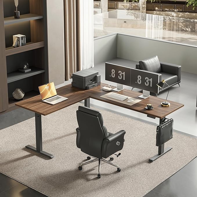 Agilestic Triple Motors 73" x 60" L Shaped Standing Desk, Electric Standing Desk Adjustable Height, Extra Large Desktop Corner Table for Home Office, Gaming Workstation, Splice Board, Dark Walnut