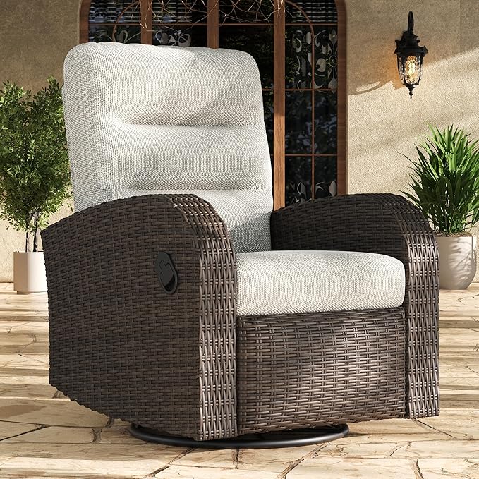 LayinSun Oversized Wicker Outdoor Swivel Glider Recliner with Adjustable Backrest & Footrest, Patio Reclining Lounge Chair