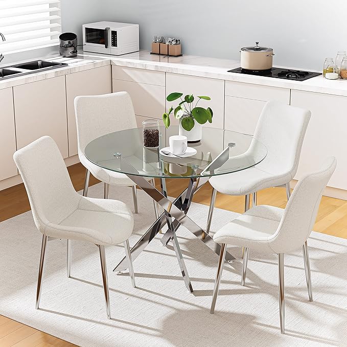 Round Tempered Glass Dining Table for 2-4 with Chromed Legs, 35.5 in Modern Small Kitchen Table for Kitchen Dining Room (White/Silver)
